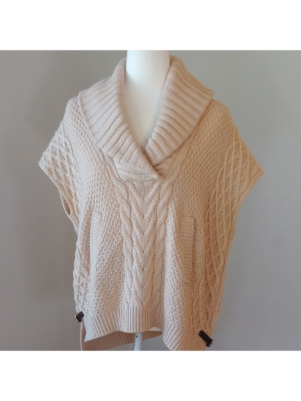Saks Fifth Ave Wool Blend Cream Cable Knit Cowl Sweater with Side Belts Small - Picture 1 of 16